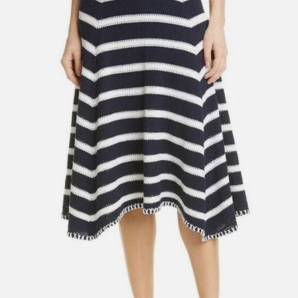 La Ligne White and Blue Asymmetrical Midi Knit Skirt